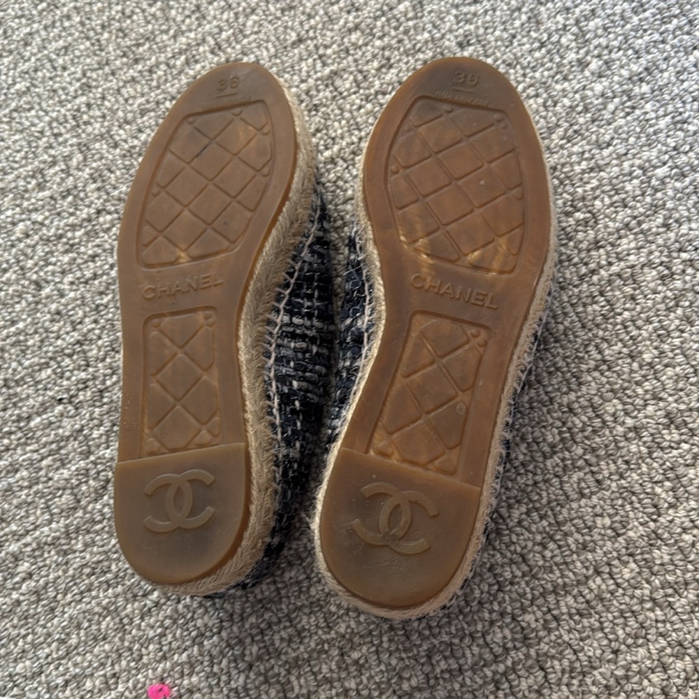 Chanel Espadrilles Tweed Blue Black Sliver Shoes 36 - Picture 9 of 12